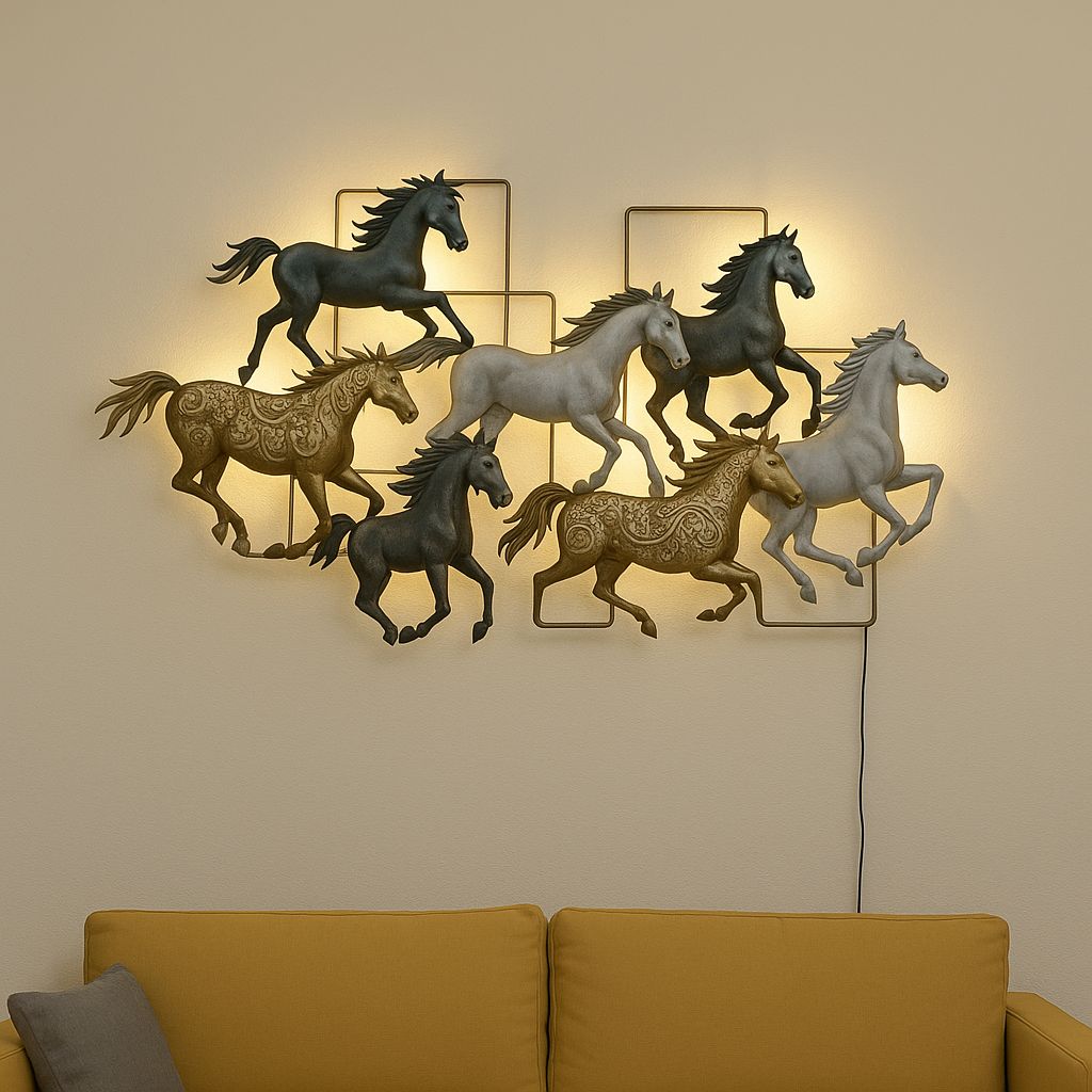 7 Horses Metal Wall Decor with LED Lights – Vastu-Inspired Home Wall Art