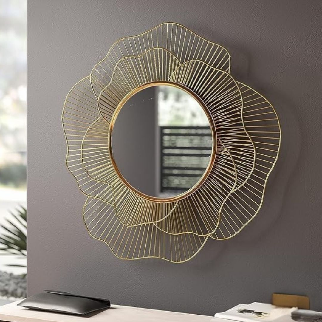 Golden Flower Designer Metal Wall Mirror- Luxury Home Accent