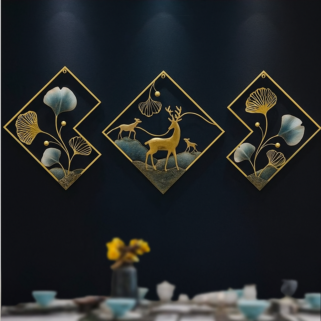 Golden Harmony Deer Metal Wall Art – Set of 3